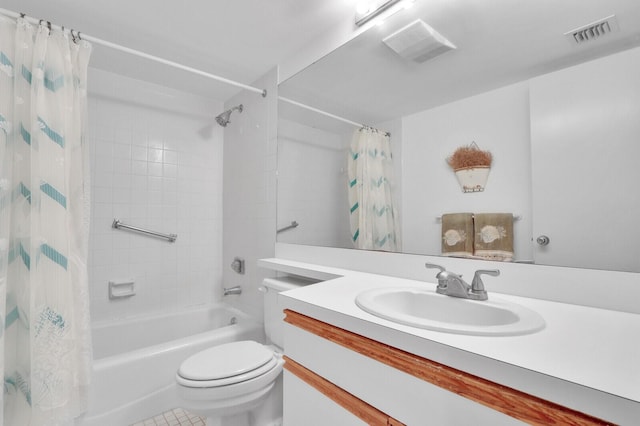 full bathroom featuring vanity, toilet, and shower / bathtub combination with curtain