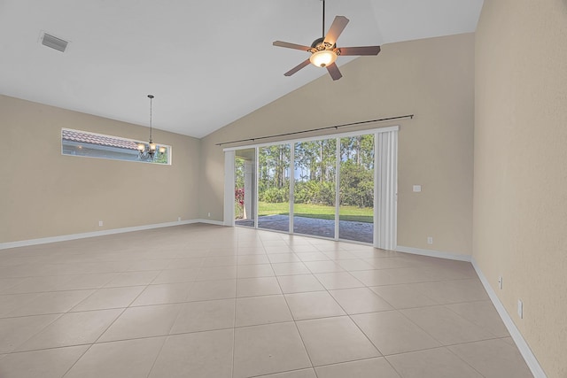 unfurnished room with light tile patterned floors, visible vents, baseboards, and high vaulted ceiling