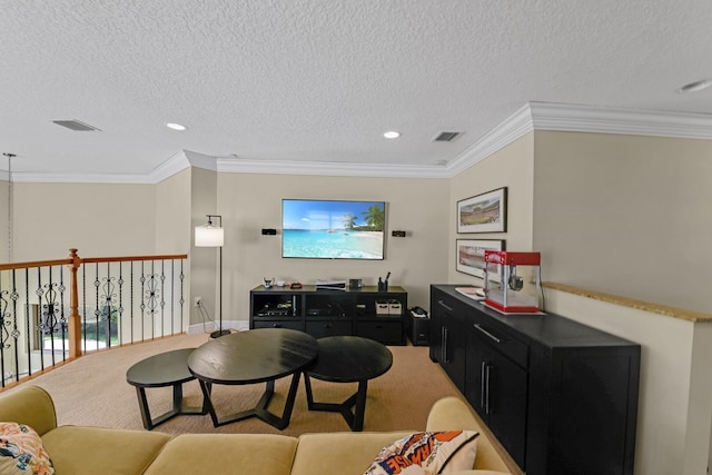 living room featuring carpet, a textured ceiling, and crown molding