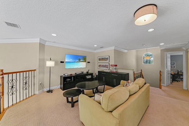 carpeted living room featuring a textured ceiling and crown molding