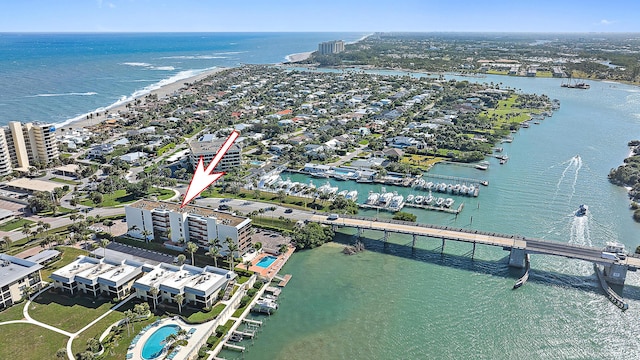 aerial view featuring a water view