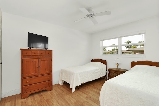 bedroom featuring light wood-type flooring and ceiling fan