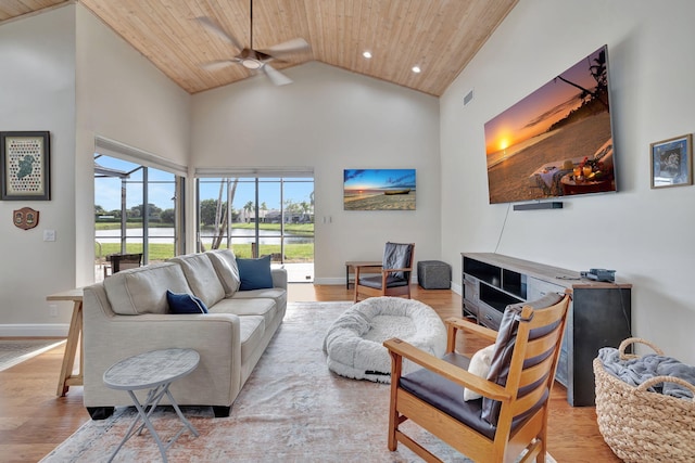 living room featuring ceiling fan, high vaulted ceiling, and wood ceiling