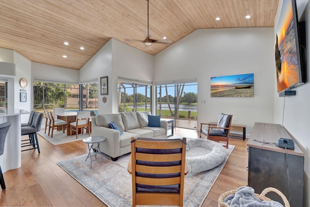 living room featuring ceiling fan, wooden ceiling, high vaulted ceiling, and light hardwood / wood-style flooring