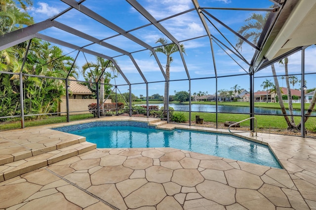 view of pool featuring a patio area, a water view, and glass enclosure