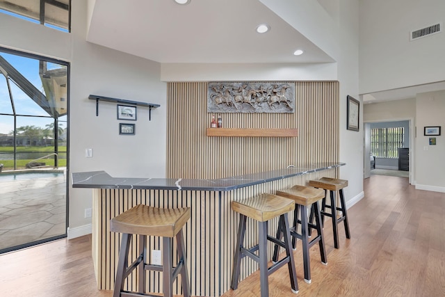 bar with plenty of natural light and light wood-type flooring