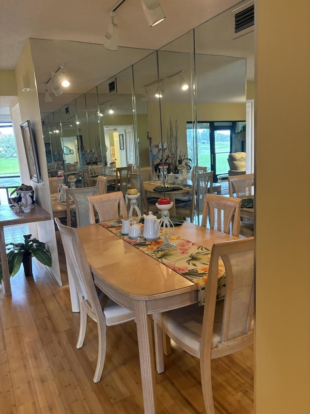 dining space featuring light hardwood / wood-style flooring and track lighting