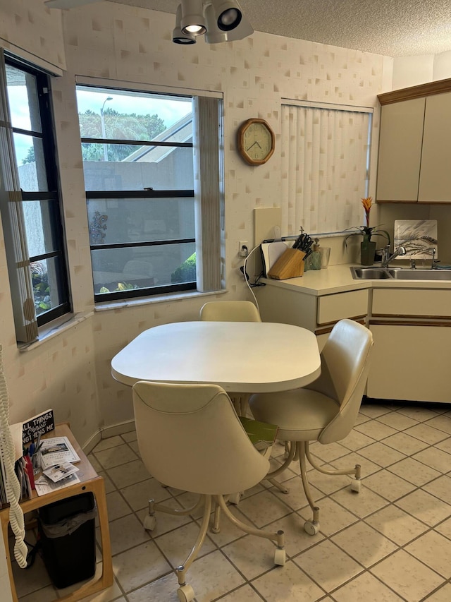 tiled dining area featuring sink and a textured ceiling