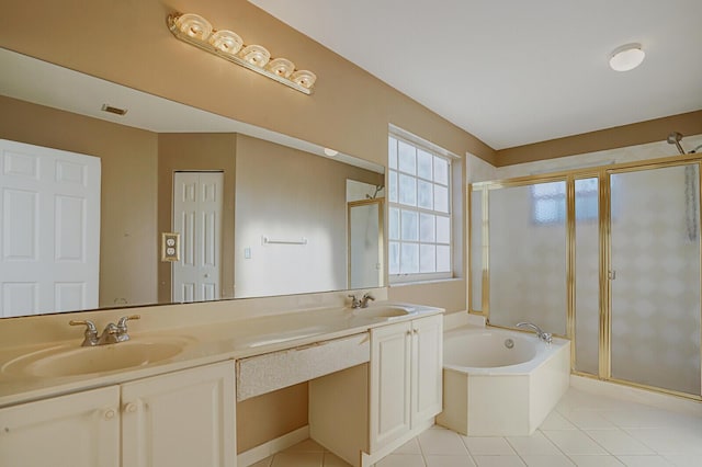 bathroom with tile patterned floors, vanity, and plus walk in shower