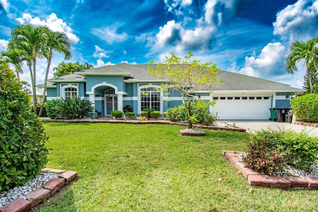 ranch-style house featuring a garage and a front yard