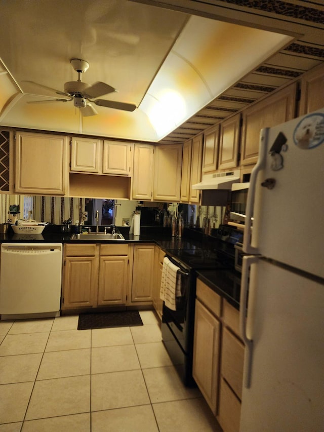 kitchen with ceiling fan, sink, light brown cabinets, white appliances, and light tile patterned floors