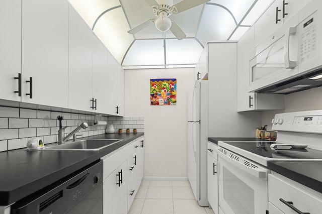 kitchen with ceiling fan, white cabinetry, white appliances, and sink