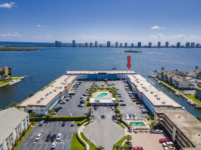 aerial view featuring a water view