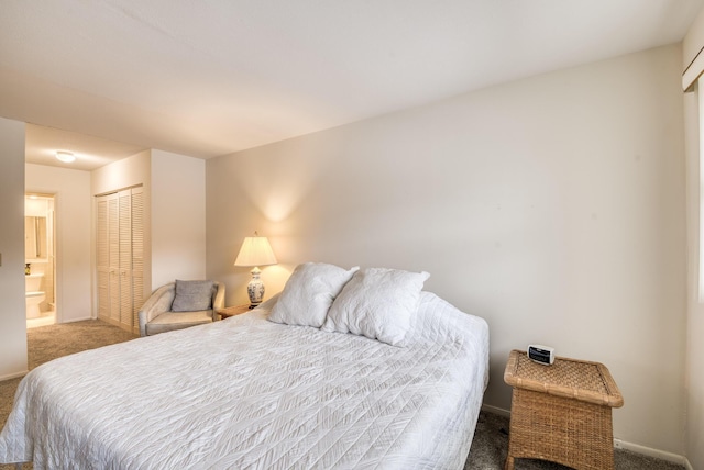 bedroom featuring carpet, ensuite bath, and a closet