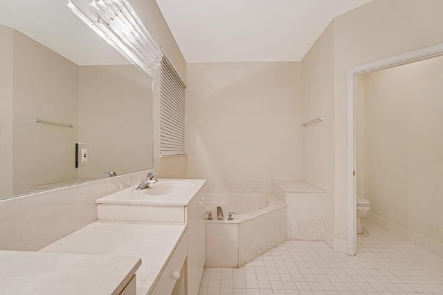 bathroom featuring toilet, a relaxing tiled tub, tile patterned floors, and vanity