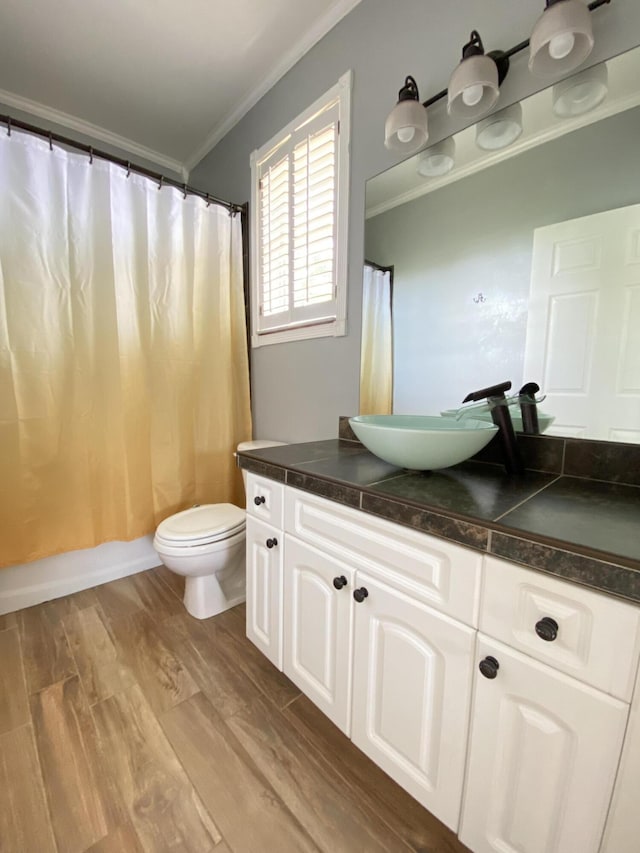 bathroom with toilet, vanity, wood-type flooring, and ornamental molding