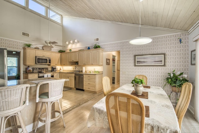 dining area featuring light hardwood / wood-style floors, high vaulted ceiling, wooden ceiling, and ornamental molding