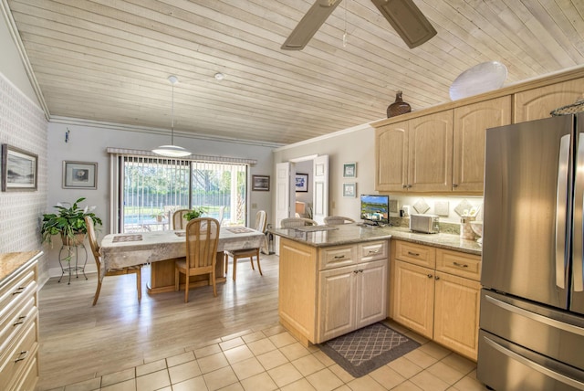 kitchen with stainless steel refrigerator, kitchen peninsula, light tile patterned floors, and light brown cabinetry