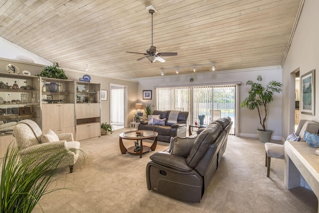 living room featuring light carpet, vaulted ceiling, and wood ceiling