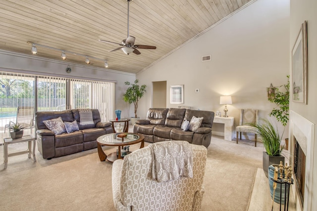 living room featuring ceiling fan, wood ceiling, light carpet, and high vaulted ceiling