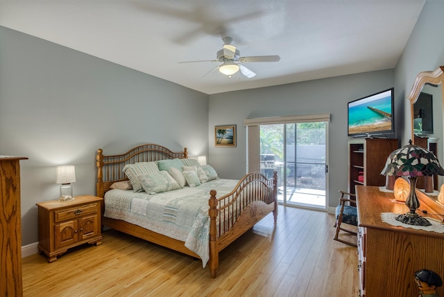 bedroom with access to outside, ceiling fan, and light hardwood / wood-style floors