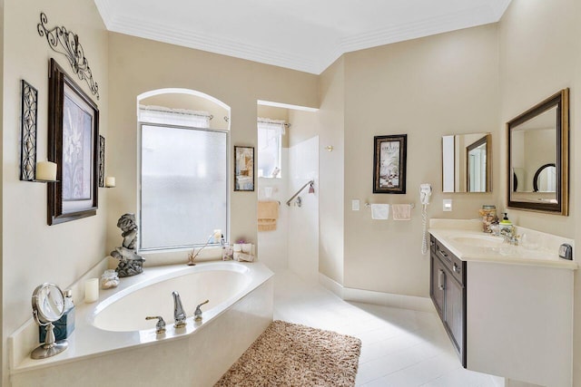 bathroom with plus walk in shower, vanity, and ornamental molding