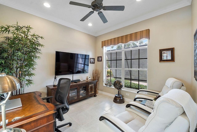 tiled office with ceiling fan and ornamental molding