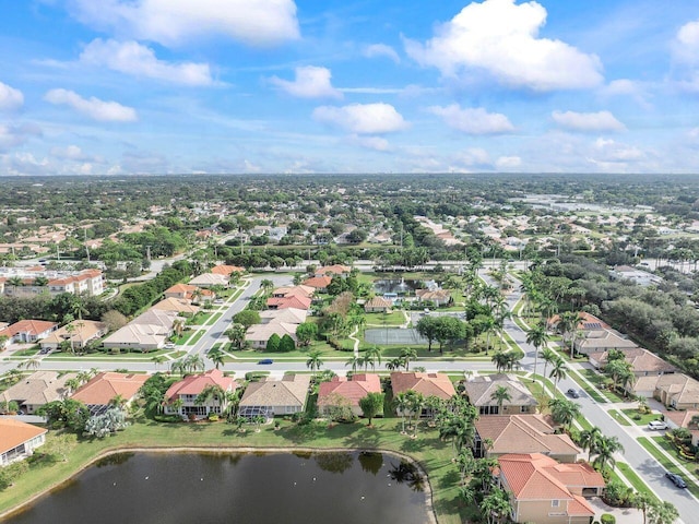 aerial view featuring a water view