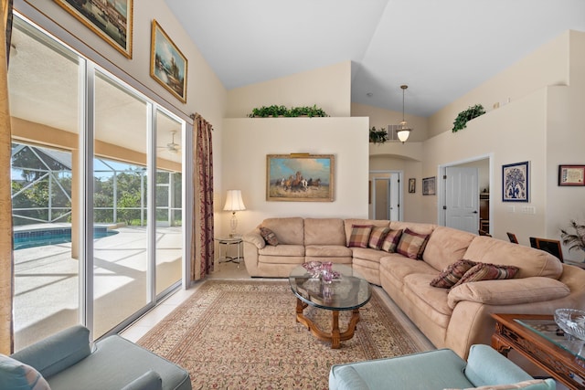 living room featuring lofted ceiling