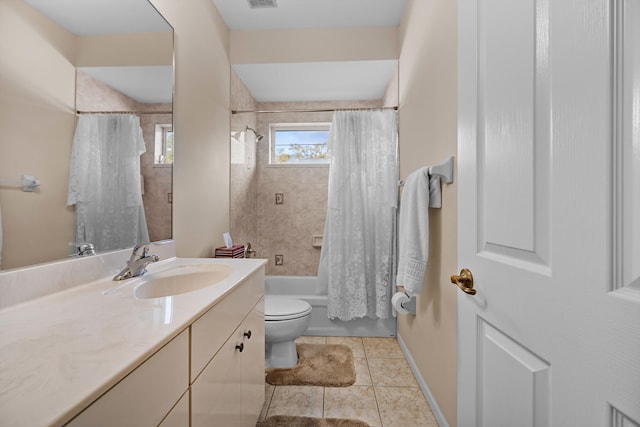 full bathroom with toilet, vanity, shower / tub combo with curtain, and tile patterned floors