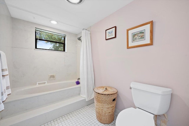 bathroom with tile patterned flooring, toilet, and shower / bath combo with shower curtain