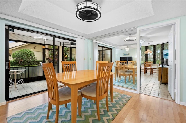 dining space featuring ceiling fan, a wall of windows, plenty of natural light, and light hardwood / wood-style flooring