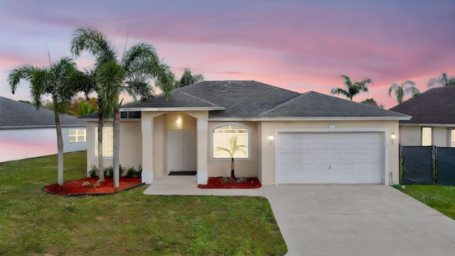 view of front of house featuring a garage and a lawn