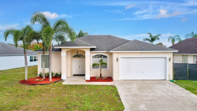 ranch-style home with a front yard and a garage