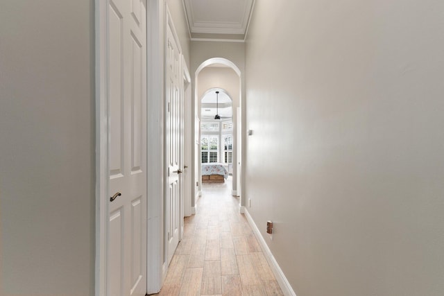 corridor featuring light wood-type flooring and ornamental molding