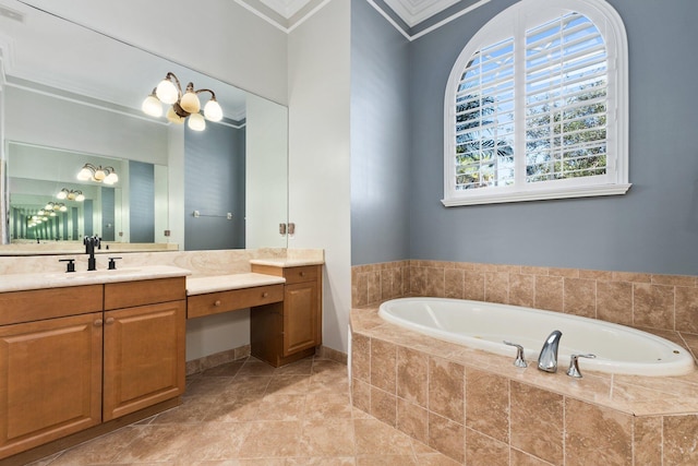 bathroom featuring vanity and a relaxing tiled tub