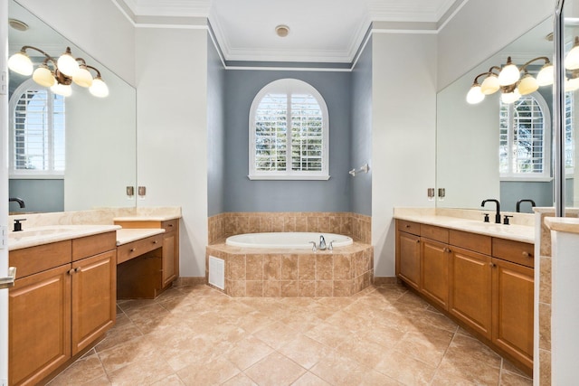 bathroom featuring vanity, a relaxing tiled tub, and ornamental molding