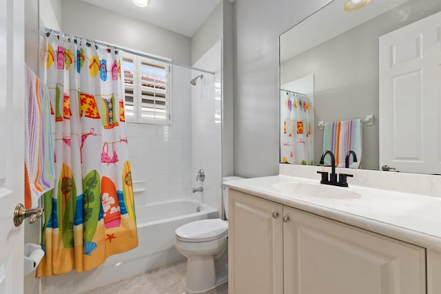 full bathroom with vanity, toilet, and shower / bath combo with shower curtain