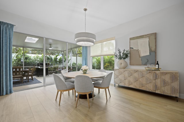 dining space featuring light wood-type flooring and a skylight