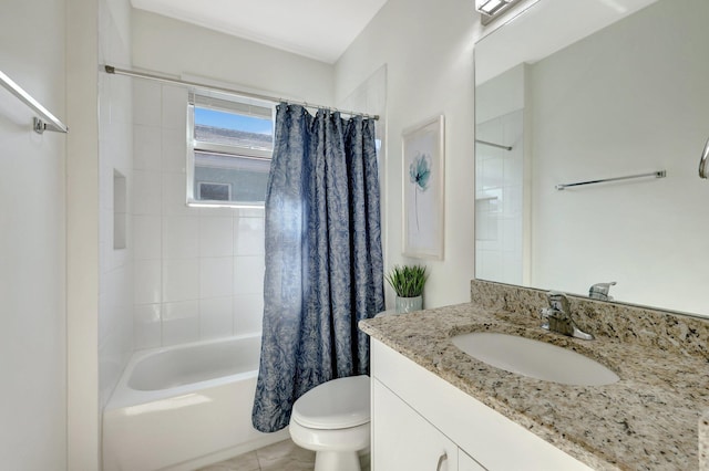 full bathroom featuring vanity, shower / tub combo, and toilet