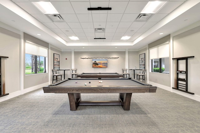 playroom featuring carpet flooring, a paneled ceiling, and billiards