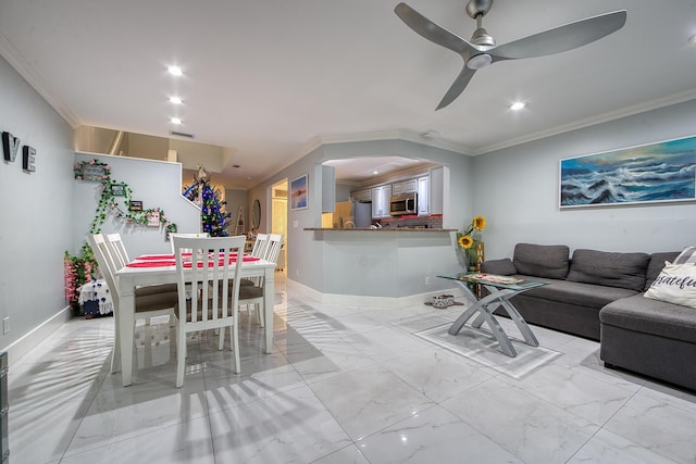 living room featuring ceiling fan and ornamental molding