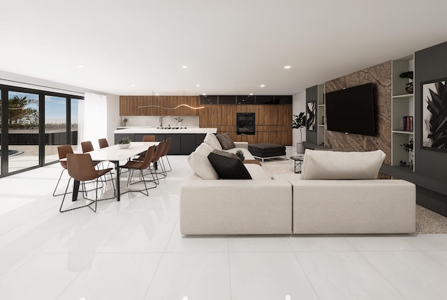 living room with light tile patterned floors and built in features