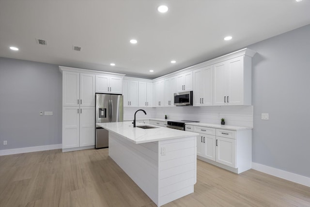 kitchen with sink, stainless steel appliances, an island with sink, decorative backsplash, and white cabinets