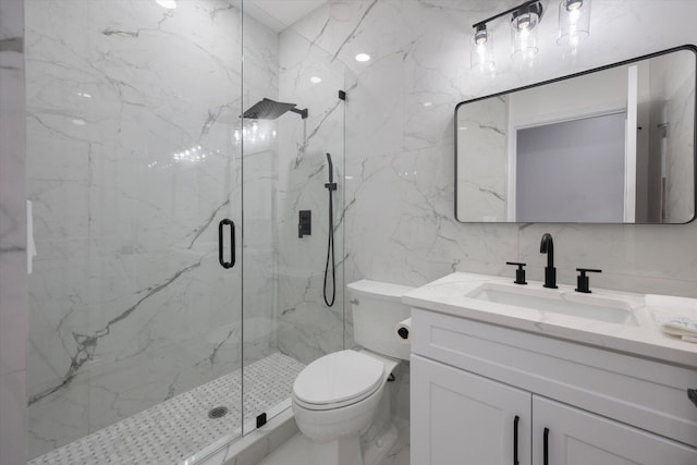 bathroom with an enclosed shower, vanity, toilet, and tile walls