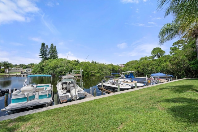 view of dock featuring a yard and a water view