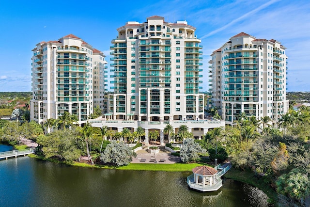 view of building exterior with a water view