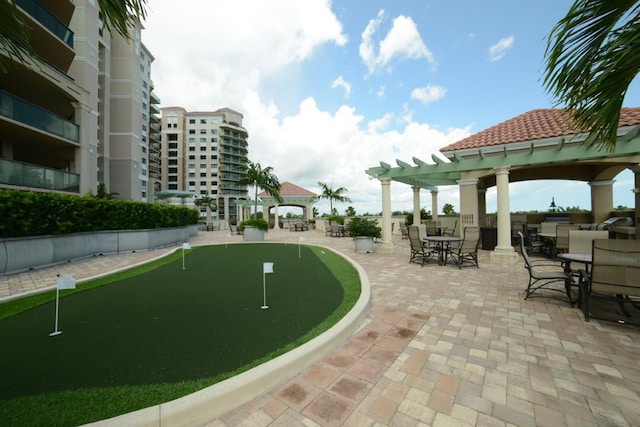 surrounding community featuring a gazebo, a pergola, and a patio