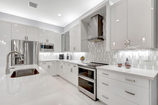 kitchen with white cabinetry, sink, wall chimney range hood, decorative backsplash, and appliances with stainless steel finishes