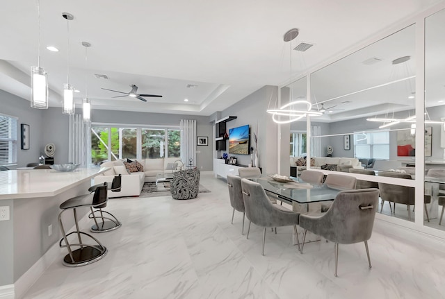 dining area featuring a tray ceiling and ceiling fan